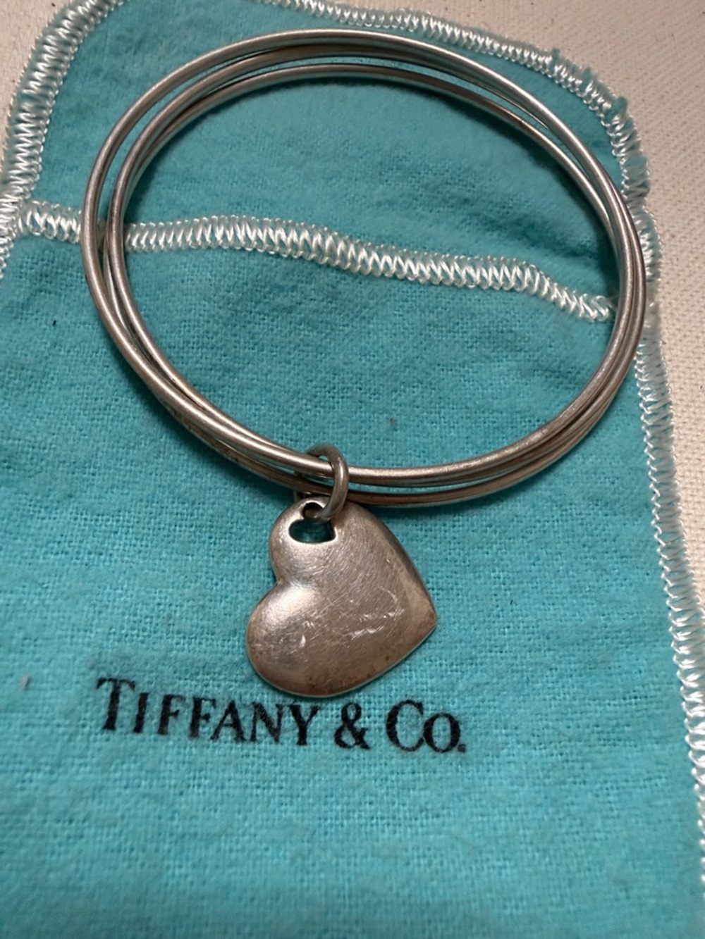 Tiffany & Co. Sterling Silver 925 Three Bangle Bracelet W/Heart Charm W/Pouch - Picture 16 of 16